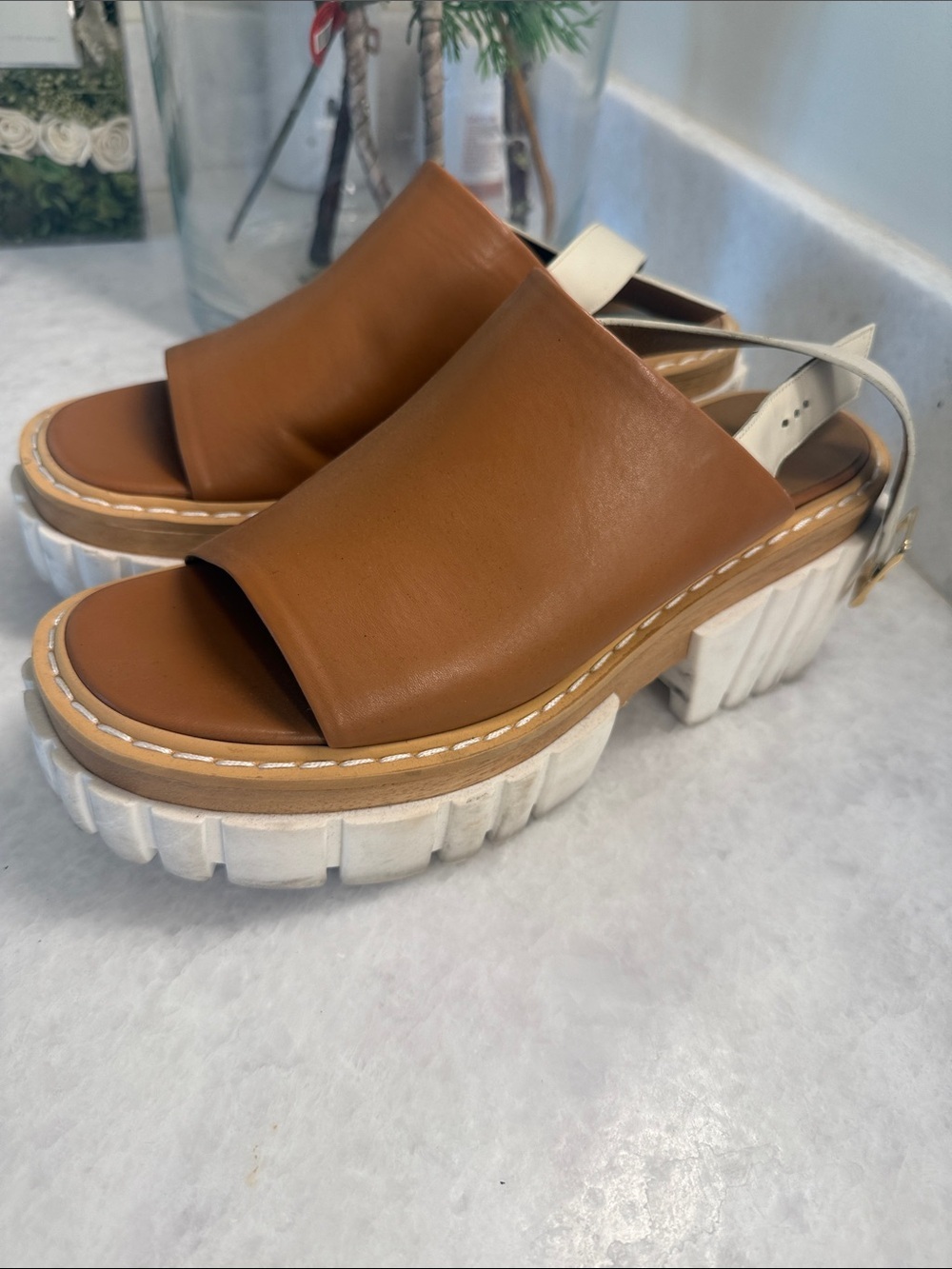 Stella McCartney Tan Leather Platform Slingback Sandals with White Chunky 40